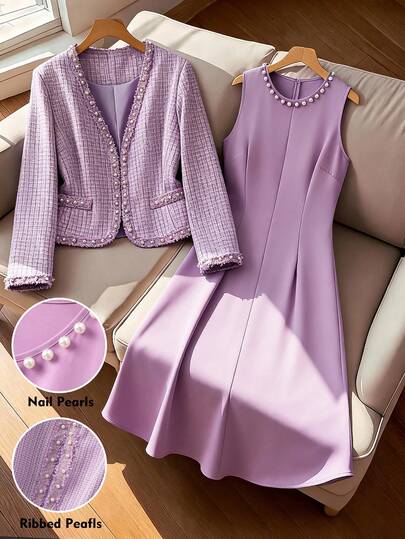 Regalyn 2pcs Plus Size Women Elegant Black Contrast Pearl Beaded Trim V-Neck Long Sleeve Cardigan Jacket And Round Neck Pearl Decor Maxi Dress Suit, Suitable For Autumn/Winter Casual, Commute, Party