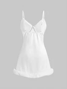 ROMWE Gyaru Y2K Abihimekaji Removable 2-In-1 Furry Musical Note Print Short Dress, Suitable For Winter Outfits - White - View 2
