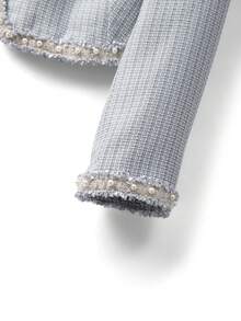 GlowEve CURVE 2pcs Plus Size Women Elegant Black Contrast Pearl Beaded Trim V-Neck Long Sleeve Cardigan Jacket And Round Neck Pearl Decor Maxi Dress Set, Suitable For Autumn/Winter Casual, Work, Party - Light Grey - View 4