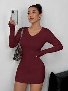 Flirla Women's Solid Color V-Neck Long Sleeve Fitted Knit Sweater Dress, Autumn/Winter - Burgundy - View 3