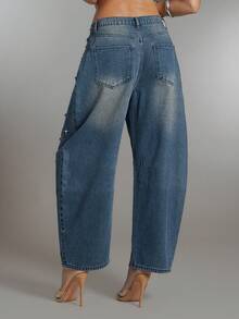 Denimoi 女士高腰水钻装饰口袋锥形休闲牛仔裤 - 藍色 - 查看 3