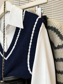 Franclia Áo len chui đầu cổ chữ V không tay phong cách Pháp, dáng rộng, viền tương phản màu xám, thích hợp mặc nhiều lớp vào mùa thu/đông - Màu xanh hải quân - Xem 6