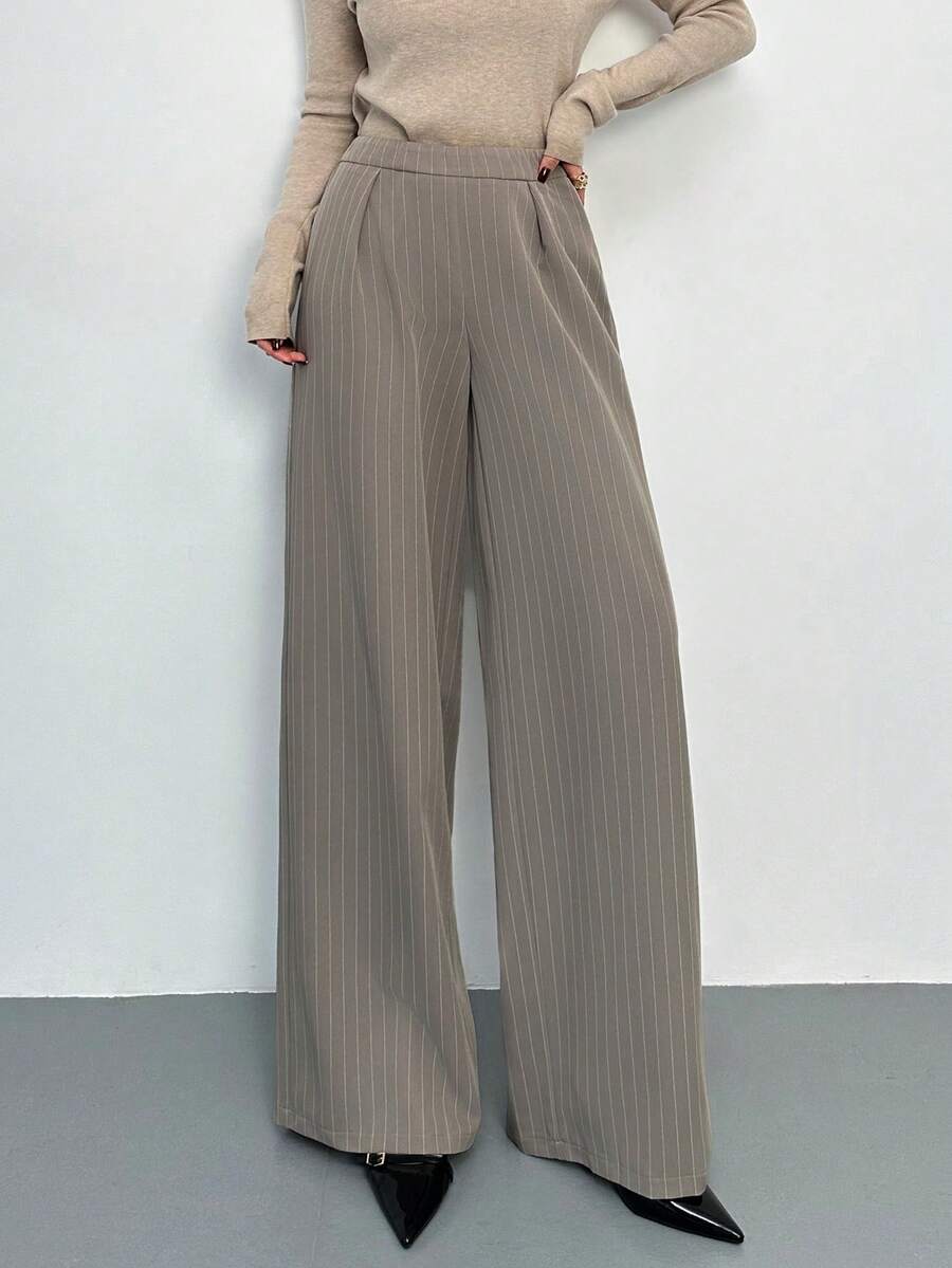 Firerie Women's Elegant Casual Office Commute Pants, Brown Khaki Striped Fabric Loose Fit Straight Leg Trousers, Autumn/Winter New Women's Suit Pants, Elegant Pants, Winter For Women, Fall, Going Out,Spring - Brown - View 1