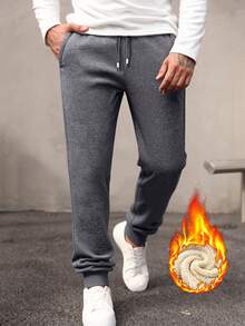 Manfinity Homme Men Solid Drawstring Waist Thermal Lined Sweatpants, For Fall Winter - Grey - View 3