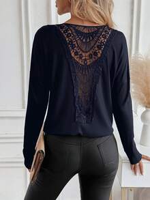 EMERY ROSE Women's Solid Color Round Neck Casual Lace Hollow Out Loose T-Shirt - Navy Blue - View 4