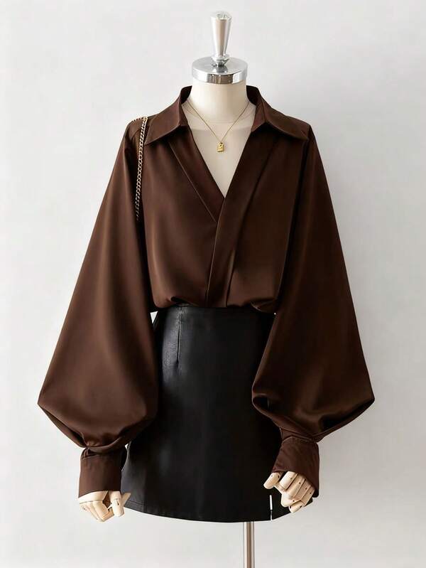 Celisse 女士纯色V领灯笼袖百搭通勤优雅长袖衬衫