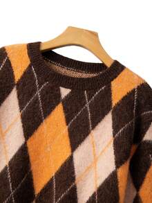 SHEIN Tall CURVE Autumn/Winter New Casual Retro Chic Diamond Pattern Textured Oversized Crew Neck Drop Shoulder Long Sleeve Women Pullover Sweater - Multicolor - View 3