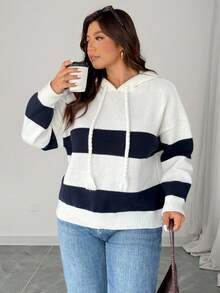 Calvaya 大码女式针织毛衣，厚连帽套头衫，腰部抽绳，拼色休闲日常穿着，冬季 - 彩色 - 查看 5