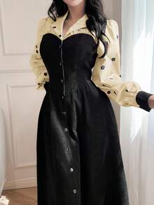 Feyla Women's Autumn Floral Patchwork Lapel Neck Single-Breasted Dress Long Evening Dresses - Apricot - View 3