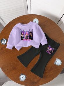 2 pezzi/set Ragazza giovane Felpa casual minimalista con grafica anime, collo rotondo viola e pantaloni a zampa neri, adatti per autunno, inverno, primavera, comodi e versatili per uso quotidiano e domestico