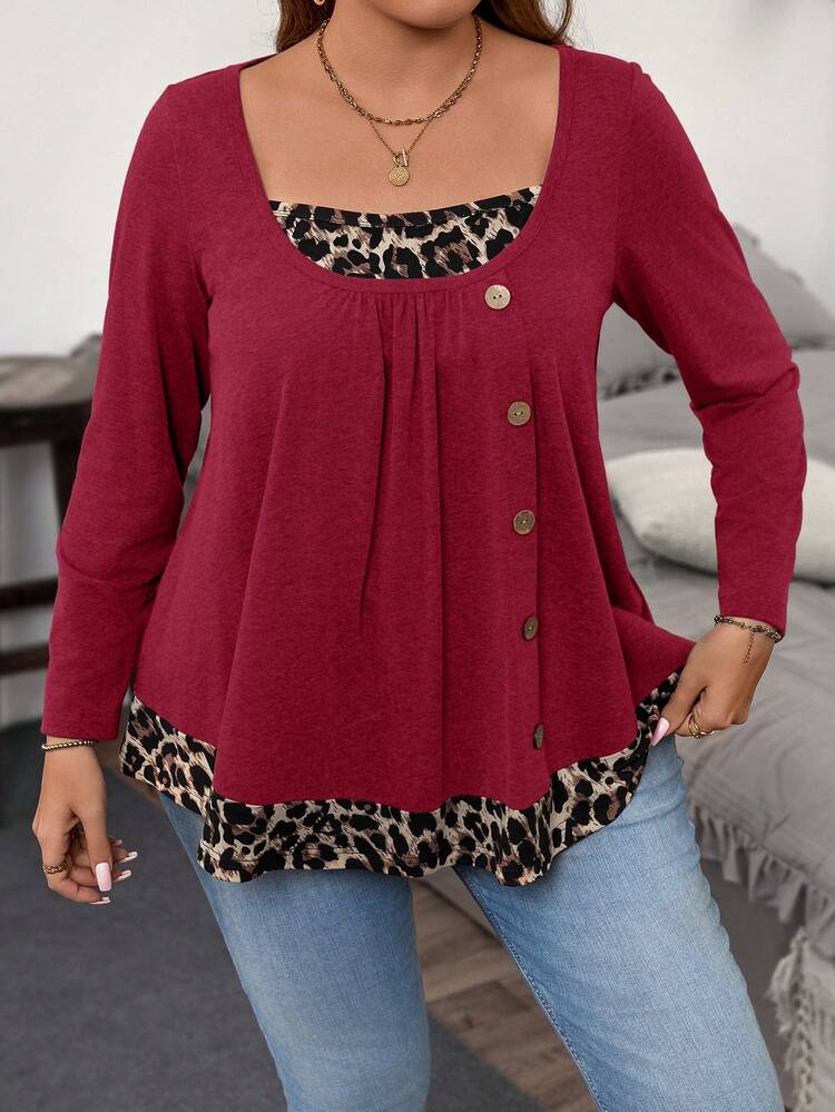 Plus Size Women Leopard Print Patchwork Button Decor T-Shirt Plus Size Red Tops Tops For Women Plus Leopard Print Top Plus Size Plus Size Casual Tops Animal Print Plus Size