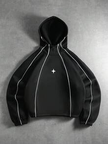 PAVTROS بلوزة هوديي رجالي بطبعة نجوم، قطعة قطنية مريحة وفضفاضة مبطنة بالفليس