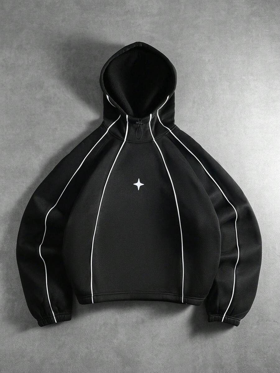 PAVTROS بلوزة هوديي رجالي بطبعة نجوم، قطعة قطنية مريحة وفضفاضة مبطنة بالفليس