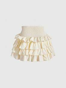 ROMWE J-Fashion Women's Solid Color Shirred Waist Layered Ruffle Hem Short Skirt - Apricot - View 2