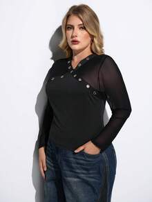 Maija Plus Size Women Black V-Neck Eyelet Design Metal Decor Mesh Patchwork Fitted Waist Long Sleeve Top, Versatile For Modern Urban Autumn/Winter Black Mesh Top Long Sleeve Black Top Sheer Black Top Long Sleeve Mesh Top Black Top Women Blouses Black Top Spring To Summer Spring Outfit Womenvalentine's Day Carnival Fasching Women Costume Party Beach Wedding Vacation Casual - Black - View 5