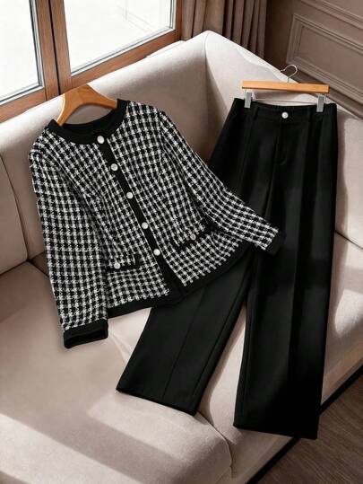 GlowEve CURVE Plus Size Women Elegant 2-Piece Set, Colorblock Round Neck Metal Button Pocket Blouse And Solid Straight Leg Pants