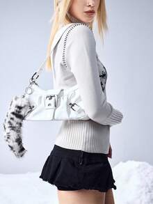 ROMWE Goth 1件Y2K复古时尚休闲甜美哥特风毛绒渐变黑白狼尾、豹纹、条纹、斑马纹仿毛皮动物尾巴钥匙扣包挂件，适合角色扮演、女性日常佩戴、节日礼物 - 黑與白 - 查看 5