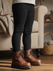 LMoss Kids LMoss Young Girl Solid Color Fitted Casual Leggings, Cozy Fall & Winter Styles, Autumn And Winter Clothes, Textured Pits, Suitable For Everyday Wear In Autumn And Winter, Versatile For Everyday Use, Leggings, Tights, Black Pants, Fall