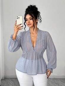 Elenzga Plus Size Women's Deep V-Neck Puff Ruffle Sleeve Textured Fabric Blouse, Suitable For Spring/Autumn Everyday Commute Wear - Blue - View 5