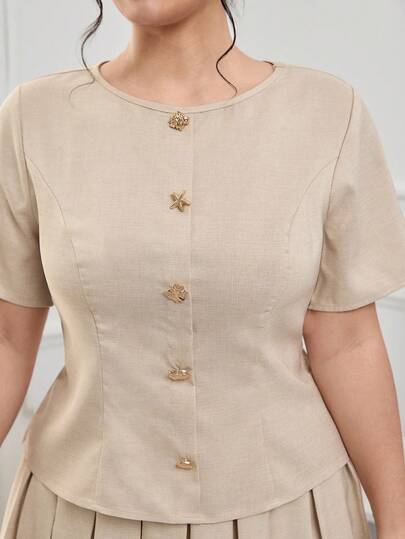 Modelyn Plus Size Women Crew Neck Short Sleeve Metal Button Shirt And Pleated Midi Skirt Elegant 2-Piece Set