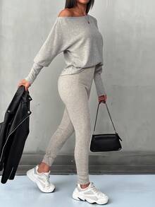 SHEIN Conjunto De Ropa Casual Simple De 2 Piezas De Color Sólido - Gris - Ver 3