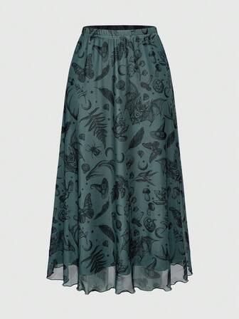 Fairycore Falda punk de línea A con estampado de murciélago, calavera, luna y calabaza, estilo gótico oscuro para mujer