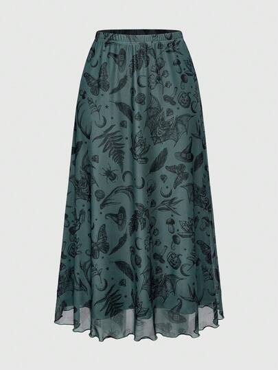 Fairycore Falda punk de línea A con estampado de murciélago, calavera, luna y calabaza, estilo gótico oscuro para mujer