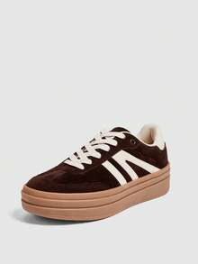 Solezae 女士复古三色厚底麂皮运动鞋，棕色和米色拼接——大胆的复古美学，Y2K版型，圣诞节必备单品 - 棕色 - 查看 8