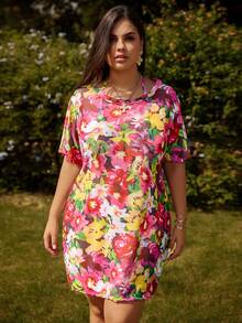 Swim Vcay Plus Size Floral Print Mesh Round Neck Short Sleeve Top,Mesh Mini Skirt,Halter Bikini Set,Pink,Summer,Boho,Beach,Holiday,Holiday 4-Piece Swimsuit - Multicolor - View 4