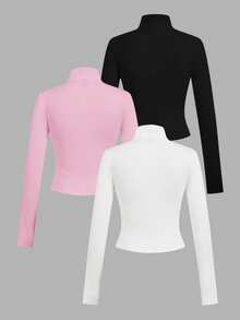 SHEIN EZwear Bộ 3 áo thun dài tay có khóa kéo màu trắng, đen, hồng, phong cách tối giản thường ngày dành cho nữ. - Nhiều màu - Xem 2