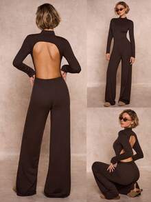 SHEIN Glamour Tuta elegante e minimalista in maglia marrone con collo alto elastico, maniche lunghe e schiena aperta, adatta per feste serali e raduni