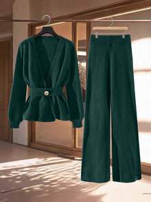 GlowEve Setelan 2 Potong Sweater & Celana Warna Polos Elegan untuk Wanita, Musim Gugur/Dingin - Dark Green - View 7