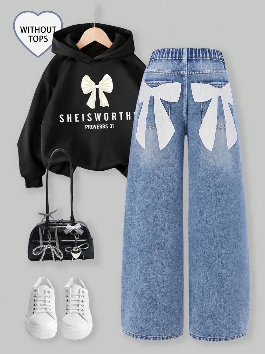 SHEIN ChillGRL 少女牛仔裤,Y2K 复古风,休闲百搭,宽松版型,舒适棉质面料,蝴蝶结印花口袋设计,适合户外、日常、上学、聚会、返校季等场合,新品上市 - 中等水洗藍 - 查看 1