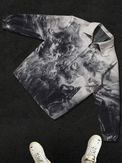 Manfinity EMRG Herr Casual Ravejacka med grafiskt tryck och dragkedja framtill för hösten, ute och nöje, gatukläder, grafisk långärmad lättviktsjacka med änglar, för vänner, make, pojkvänpresenter, för hösten