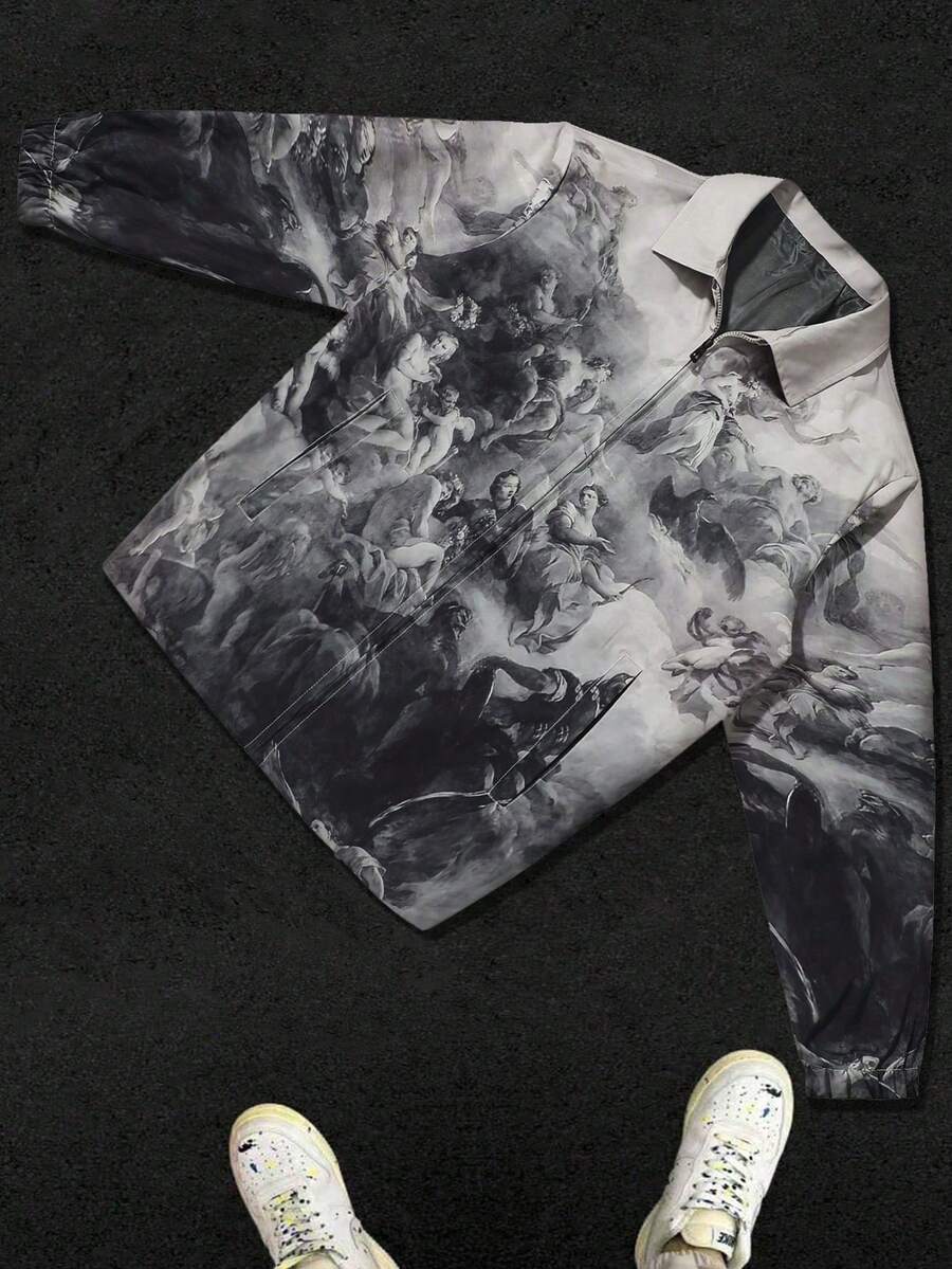 Manfinity EMRG Men's Casual Graphic Print Zip Front Rave Jacket For Autumn Going Out Street Wear, Graphic Long Sleeve Angel Lightweight Jacket, For Friends, Husband, Boyfriend Gifts, For Fall