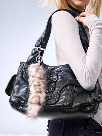 Grunge Punk 1 pièce Porte-clés/Charm de sac en fausse fourrure de queue de renard ombré brun de haute qualité, style Y2K rétro mignon et polyvalent. Convient pour le port quotidien des femmes/filles, cadeau pour les fêtes