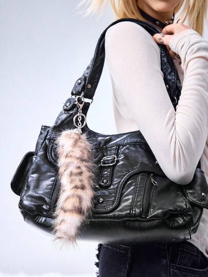 Grunge Punk 1pc Y2K Retro Cute Personalized Versatile High-Quality Brown Ombre Faux Fur Fox Tail DIY Keychain Bag Charm, Suitable For Women/Girls Daily Wear, Holiday Gift