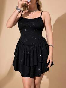 Hourglow Plus Size Women Solid Color Shiny Pleated Slip Dress For 2026 New Year, For Hourglass Body Shape