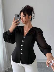 Elenzga Áo cánh màu trơn họa tiết chắp vá bằng vải voan thanh lịch dành cho nữ cỡ lớn - màu đen - Xem 8