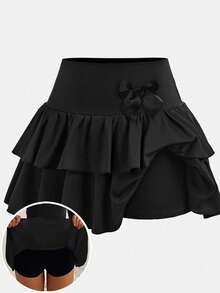 SHEIN 少女休闲、运动、上学、返校季，黑色荷叶边下摆短裤搭配伞裙，春夏装 - 黑色 - 查看 2