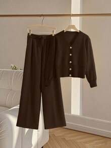 Franclia 2pcs/Set Women Casual Loose Knit Sweater & Pants Loungewear Set, Comfortable & Minimalist Design - Brown - View 6