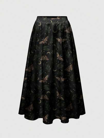 Goth Falda holgada de línea A con estampado negro de mariposa, polilla, hoja, planta, sol, luna y estrella de estilo gótico bosque oscuro bruja mágica de talla grande