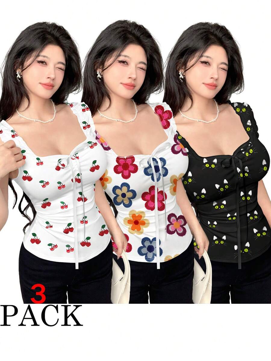 Modelyn Bộ 3 áo hai dây nữ in họa tiết hoa, chấm bi và mèo, cạp chun, cổ vuông, họa tiết hoa, áo kiểu nữ. - Nhiều màu - Xem 1