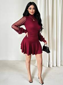 Vavine Romantic Valentine's Day Burgundy Print Elegant Party And Daytime Wear. Ruched High-Neck Mesh Color-Block Long-Sleeve Top, Beaded Mini Dress, Pearl-Decorated Tiered "Cake" Dress, Double-Hem Long-Sleeve Dress, Black Ruched Fitted Dress, Ruffled Long-Sleeve Mini Dress. Chic For Everyday, Dates, Christmas, Fall/Winter Wear, Casual Parties, And New Year's Events. - Burgundy - View 6