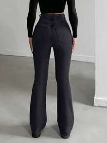 EURMUSE Women's Jeans 98% Cotton Zip Front Flare Comfortable Jeans 2000s Style Black Jeans - Black - View 4