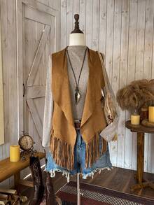 Wildy 女士常规款仿麂皮无袖夹克，翻领波浪形设计，下摆流苏装饰，适合秋冬季西部风格穿着。 - 棕色 - 查看 1