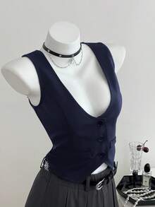 SHEIN Unity 女士秋季两件套服装，长袖背心和带蝴蝶结及荷叶边下摆的衬衫 - 藏蓝色 - 查看 3
