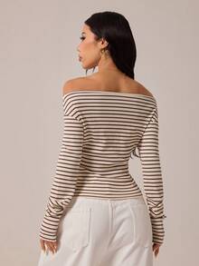 SHEIN PETITE Women's Contrast Stripe Oblique Shoulder Long Sleeve T-Shirt,Autumn Women's Clothing, Winter Women's Clothing, Apricot Striped Women's Tops, Going Out Tops, Striped Off-The-Shoulder Tops, Women's Casual Tops, Long-Sleeved T-Shirts, Off The Shoulder Long Sleeve Off The Shoulder Top Tops For Women Sexy Boat Neck Top - Multicolor - View 2