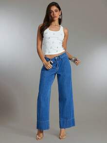 Denimoi Women's Casual Everyday Commute Simple Versatile Solid Color Seam Front Loose Wide-Leg Jeans - Blue - View 3