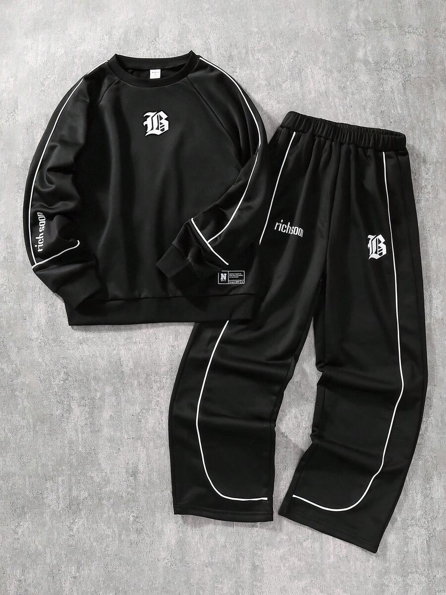 SHEIN 2pcs/Set Casual Streetwear Outfit For Teenage Boys, Loose Fit Letter Print Hoodie And Straight Leg Pants With Contrast Stripe Design Fall Winter